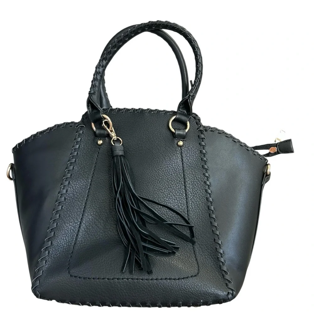 ISABELLE Women’s Nubuck Leather/Vegan Leather Purse Tote Black/Gold Braid Tassel